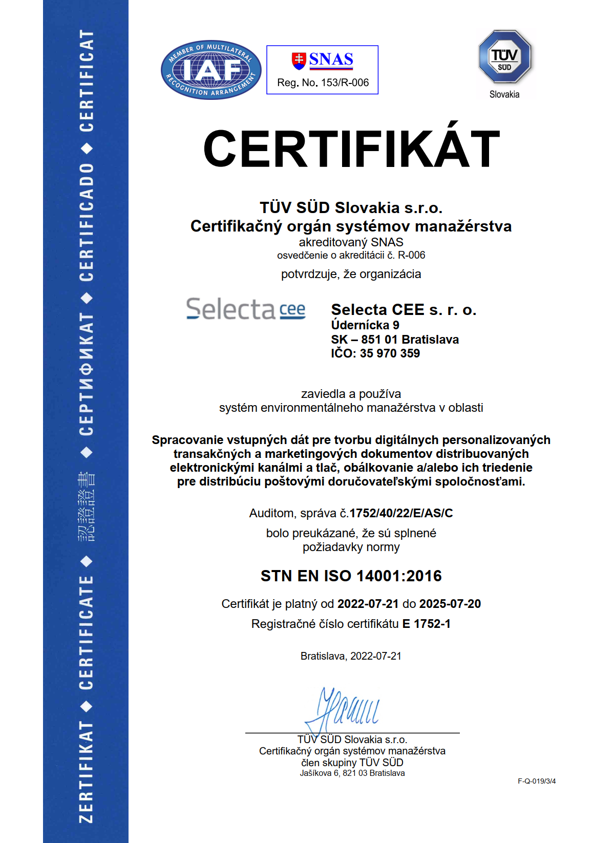 Selecta CEE ISO 14001 TUV SUD