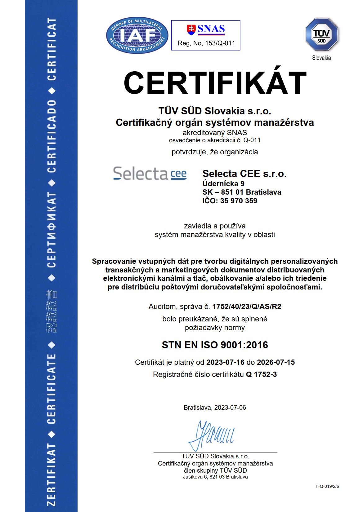 Selecta CEE ISO 9001 TUV SUD